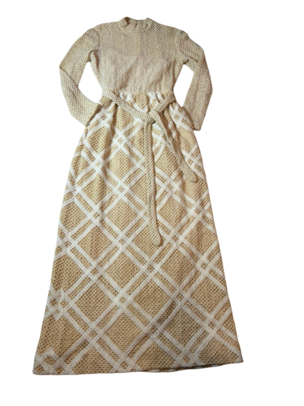 Vintage Joan Leslie by Kasper Cream Crochet Knit Maxi Dress Belted Size 8